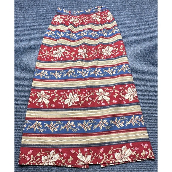 VINTAGE Bushwacker Skirt Womens 8 Red Blue Floral Stripe Midi Back Slit 90s - Picture 1 of 7